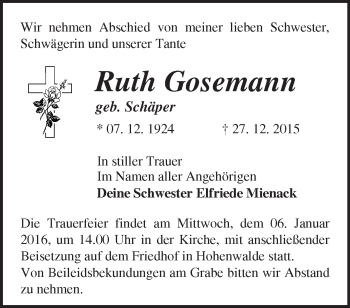 Traueranzeige von Ruth Gosemann von Märkische Oderzeitung