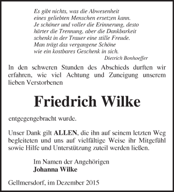 Traueranzeige von Friedrich Wilke von Märkische Oderzeitung