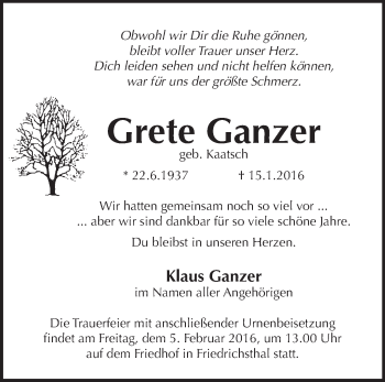 Traueranzeige von Grete Ganzer von Märkische Oderzeitung