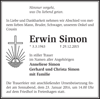 Traueranzeige von Erwin Simon von Märkische Oderzeitung