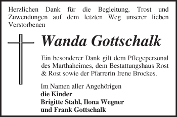 Traueranzeige von Wanda Gottschalk von Märkische Oderzeitung