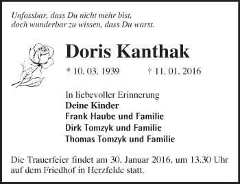 Traueranzeige von Doris Kanthak von Märkische Oderzeitung