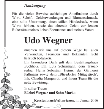 Traueranzeige von Udo Wegner von Märkische Oderzeitung