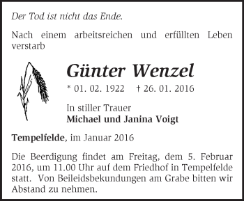 Traueranzeige von Günter Wenzel von Märkische Oderzeitung