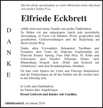 Traueranzeige von Elfriede Eckbrett von Märkische Oderzeitung