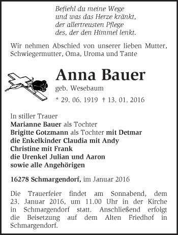 Traueranzeige von Anna Bauer von Märkische Oderzeitung