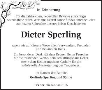 Traueranzeige von Dieter Sperling von Märkische Oderzeitung