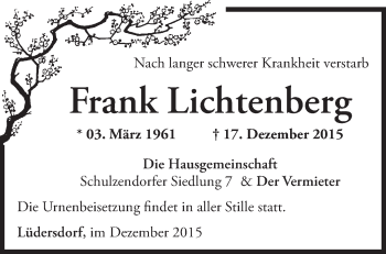 Traueranzeige von Frank Lichtenberg von Märkische Oderzeitung