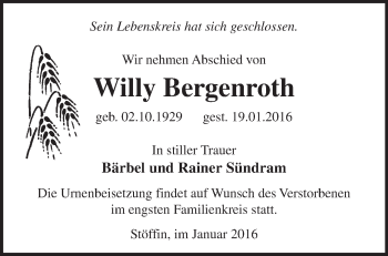 Traueranzeige von Willy Bergenrodt von Märkische Oderzeitung