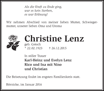 Traueranzeige von Christine Lenz von Märkische Oderzeitung