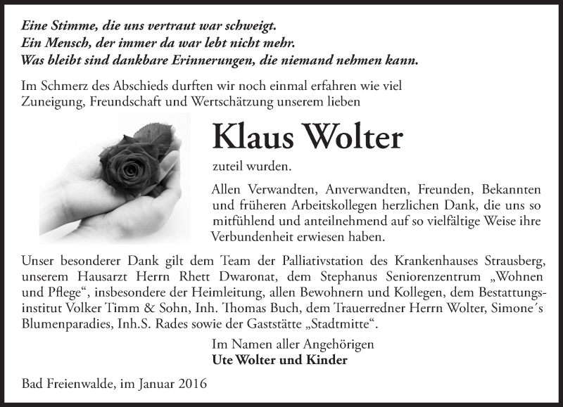  Traueranzeige für Klaus Wolter vom 16.01.2016 aus Märkische Oderzeitung