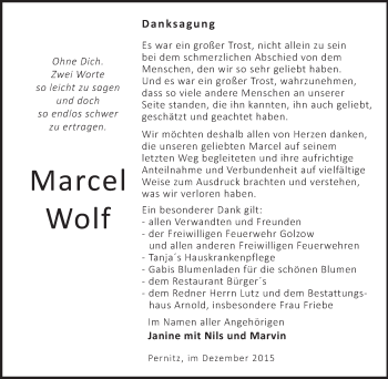 Traueranzeige von Marcel Wolf von Märkische Oderzeitung