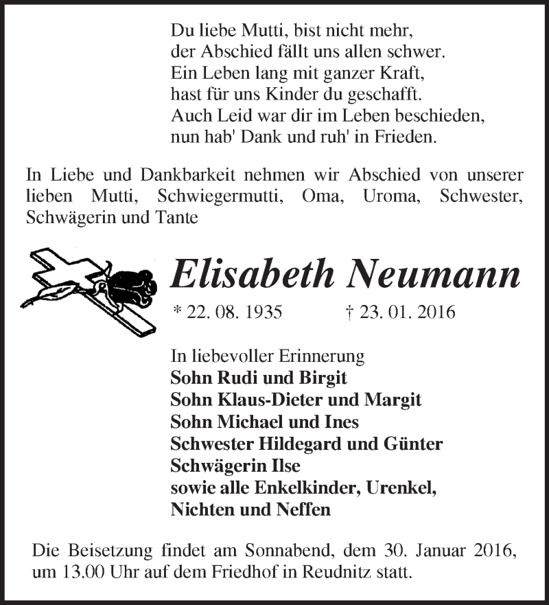  Traueranzeige für Elisabeth Neumann vom 27.01.2016 aus Märkische Oderzeitung