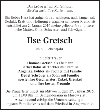 Traueranzeige von Ilse Gretsch von Märkische Oderzeitung