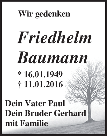 Traueranzeige von Friedhelm Baumann von Märkische Oderzeitung