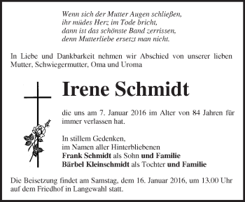 Traueranzeige von Irene Schmidt von Märkische Oderzeitung