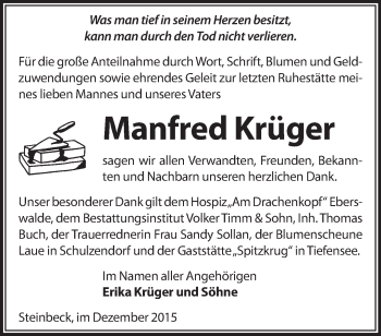 Traueranzeige von Manfred Krüger von Märkische Oderzeitung