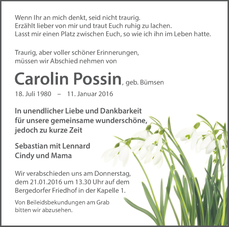  Traueranzeige für Carolin Possin vom 20.01.2016 aus Märkische Oderzeitung