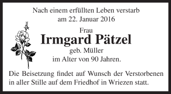 Traueranzeige von Irmgard Pätzel von Märkische Oderzeitung