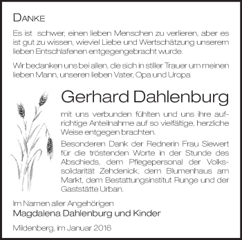 Traueranzeige von Gerhard Dahlenburg von Märkische Oderzeitung