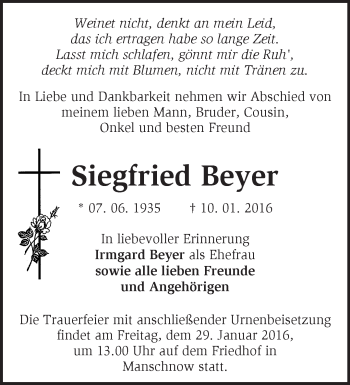 Traueranzeige von Siegfried Beyer von Märkische Oderzeitung