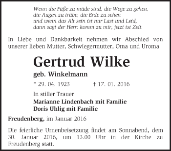 Traueranzeige von Gertrud Wilke von Märkische Oderzeitung