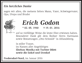 Traueranzeige von Erich Godon von Märkische Oderzeitung