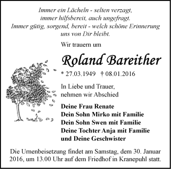 Traueranzeige von Roland Bareither von Märkische Oderzeitung