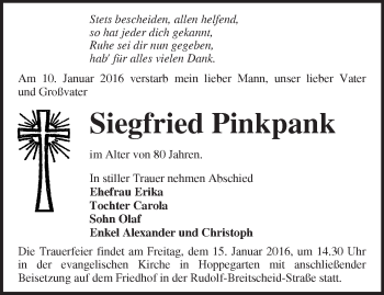 Traueranzeige von Siegfried Pinkpank von Märkische Oderzeitung