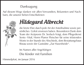 Traueranzeige von Hildegard Albrecht von Märkische Oderzeitung