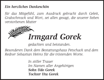 Traueranzeige von Irmgard Gorek von Märkische Oderzeitung