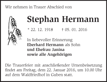 Traueranzeige von Stephan Hermann von Märkische Oderzeitung