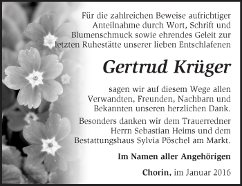 Traueranzeige von Gertrud Krüger von Märkische Oderzeitung