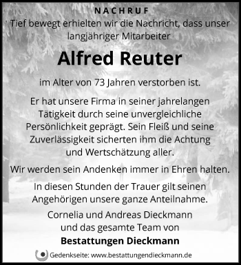 Traueranzeige von Alfred Reuter von Märkische Oderzeitung