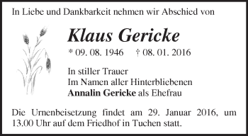 Traueranzeige von Klaus Gericke von Märkische Oderzeitung