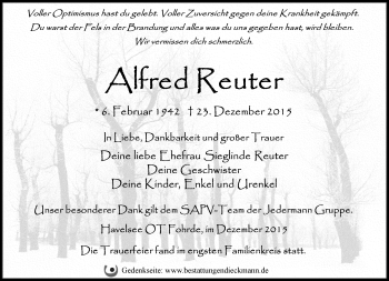 Traueranzeige von Alfred Reuter von Märkische Oderzeitung