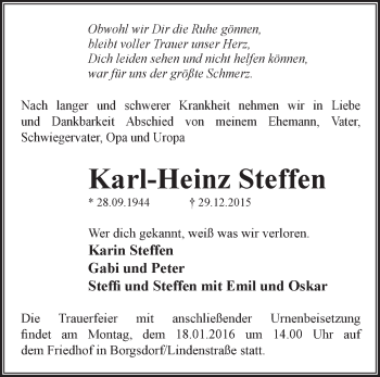 Traueranzeige von Karl-Heinz Steffen von Märkische Oderzeitung