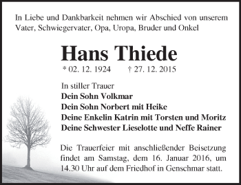 Traueranzeige von Hans Thiede von Märkische Oderzeitung