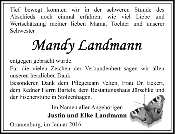 Traueranzeige von Mandy Landmann von Märkische Oderzeitung