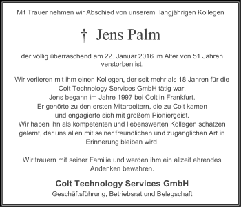 Traueranzeige von Jens Palm von Märkische Oderzeitung