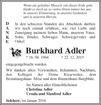 Traueranzeige von Burkhard Adler von Märkische Oderzeitung