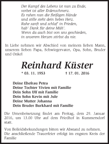 Traueranzeige von Reinhard Küster von Märkische Oderzeitung