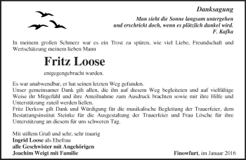 Traueranzeige von Fritz Loose von Märkische Oderzeitung