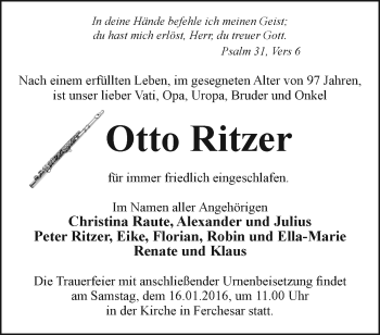 Traueranzeige von Otto Ritzer von Märkische Oderzeitung