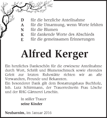 Traueranzeige von Alfred Kerger von Märkische Oderzeitung