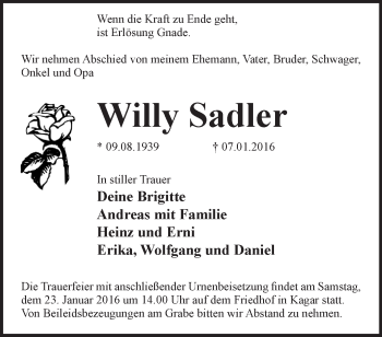 Traueranzeige von Willy Sadler von Märkische Oderzeitung