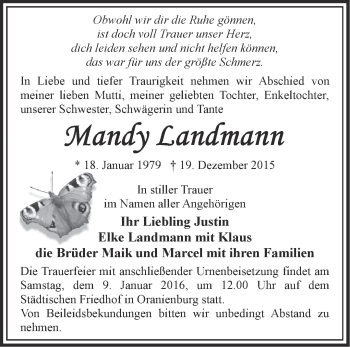 Traueranzeige von Mandy Landmann von Märkische Oderzeitung