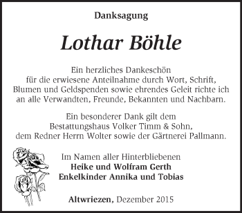 Traueranzeige von Lothar Böhle von Märkische Oderzeitung