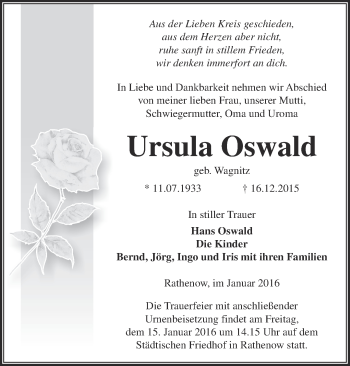 Traueranzeige von Ursula Oswald von Märkische Oderzeitung