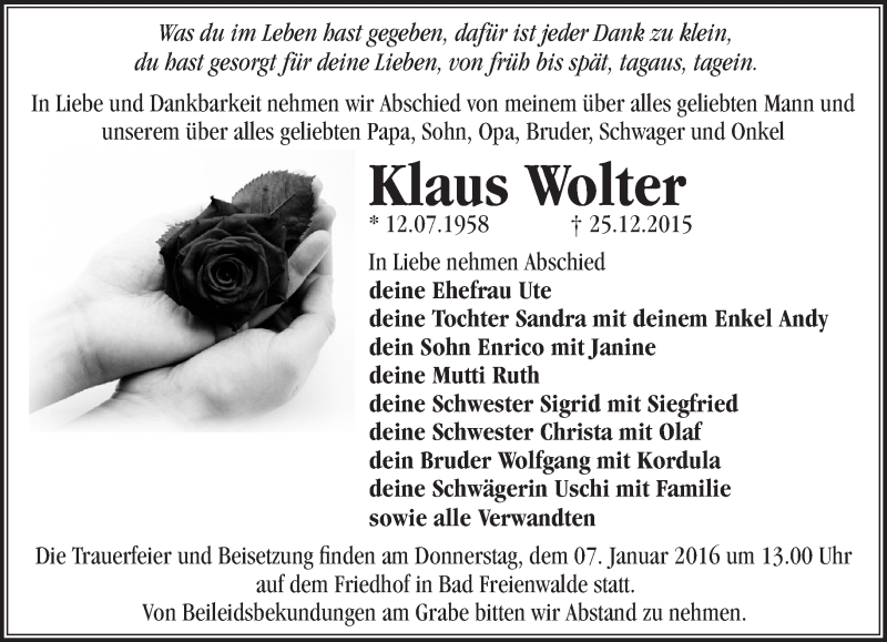  Traueranzeige für Klaus Wolter vom 02.01.2016 aus Märkische Oderzeitung